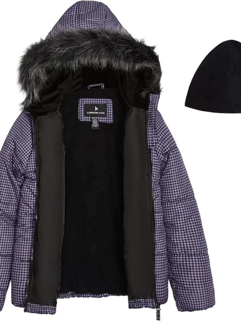 London Fog Girls Purple Black Puffer Jacket Hooded Winter Coat 4T NWT - Picture 2 of 11